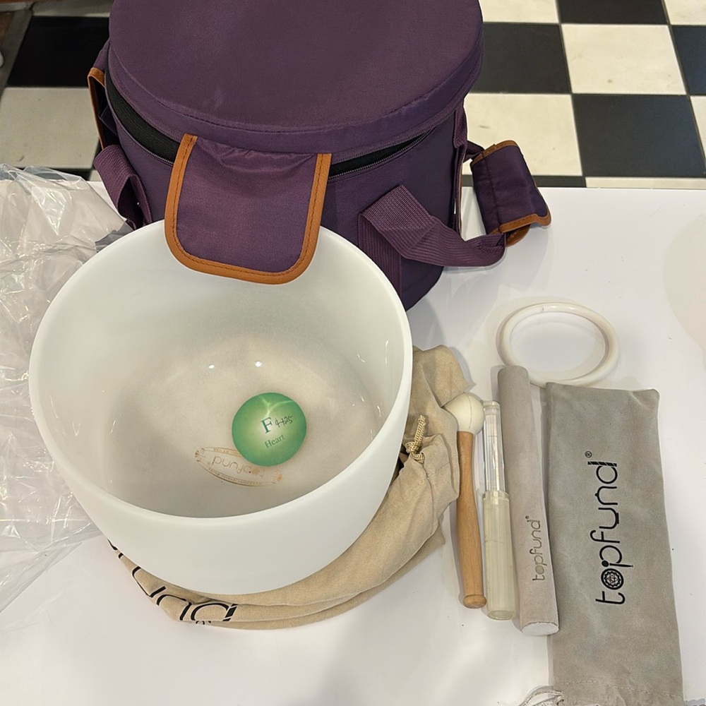 TOPFUND F Heart Crystal Singing Bowl Root Chakra 10 inch with Carrying Case